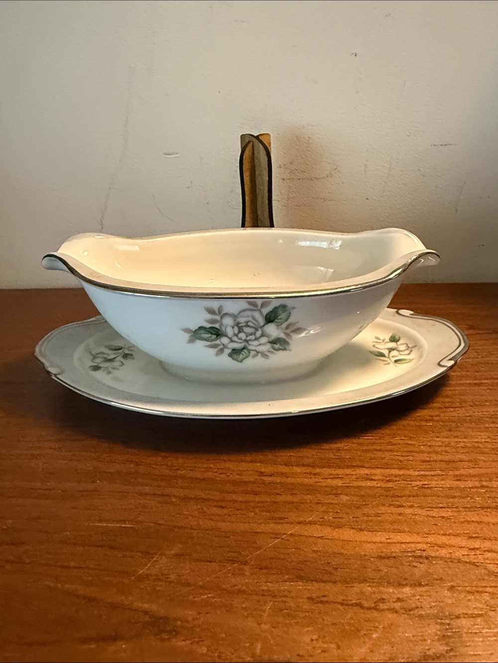 Classic White Floral Gravy Boat with Attached Underplate